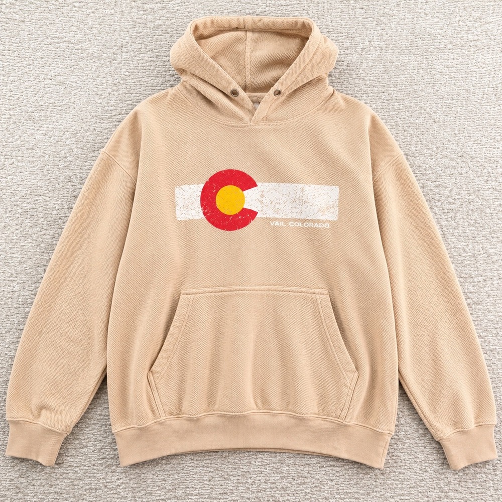 Valani Hoodie Vail Colorado Waffle Knit 2XL Tan Graphic Pullover Sweatshirt